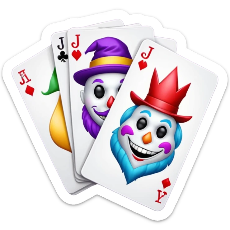 bunch of 3 poker cards, with crazy colorful jolly jokers inside, inversed face sticker