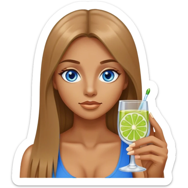 tan woman, long light brown straight hair, blue eyes, holding a shot with lime sticker