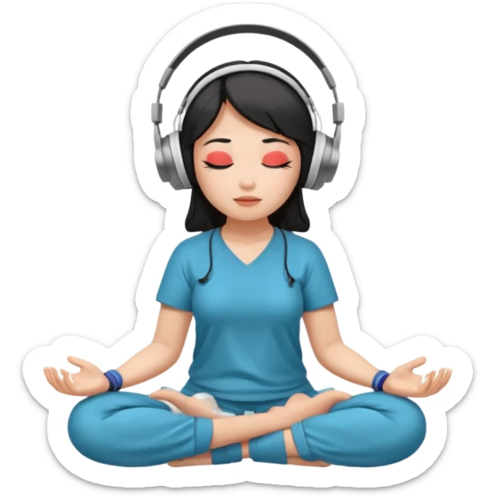 An East Asian woman🧘🏻‍♀️ is sitting cross-legged in a meditation pose, wearing Apple headphones🎧 and listening to music. The song is so beautiful that she has her eyes closed and tears streaming down her face. sticker