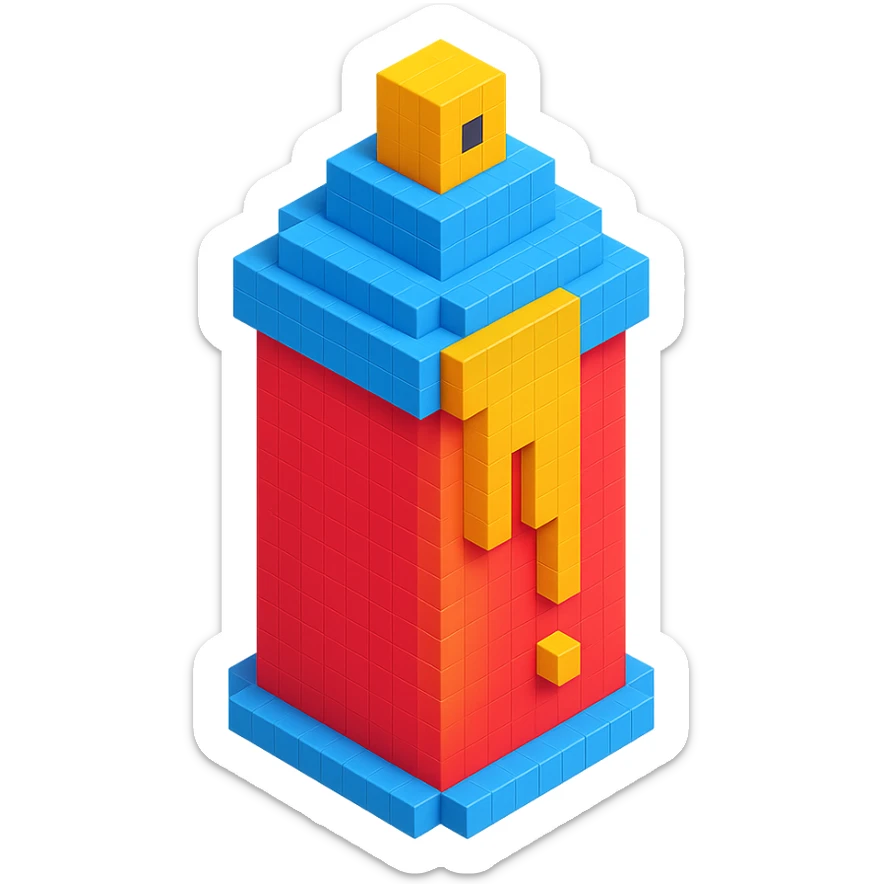 isometric view of a spray paint can with gold paint in voxel style sticker