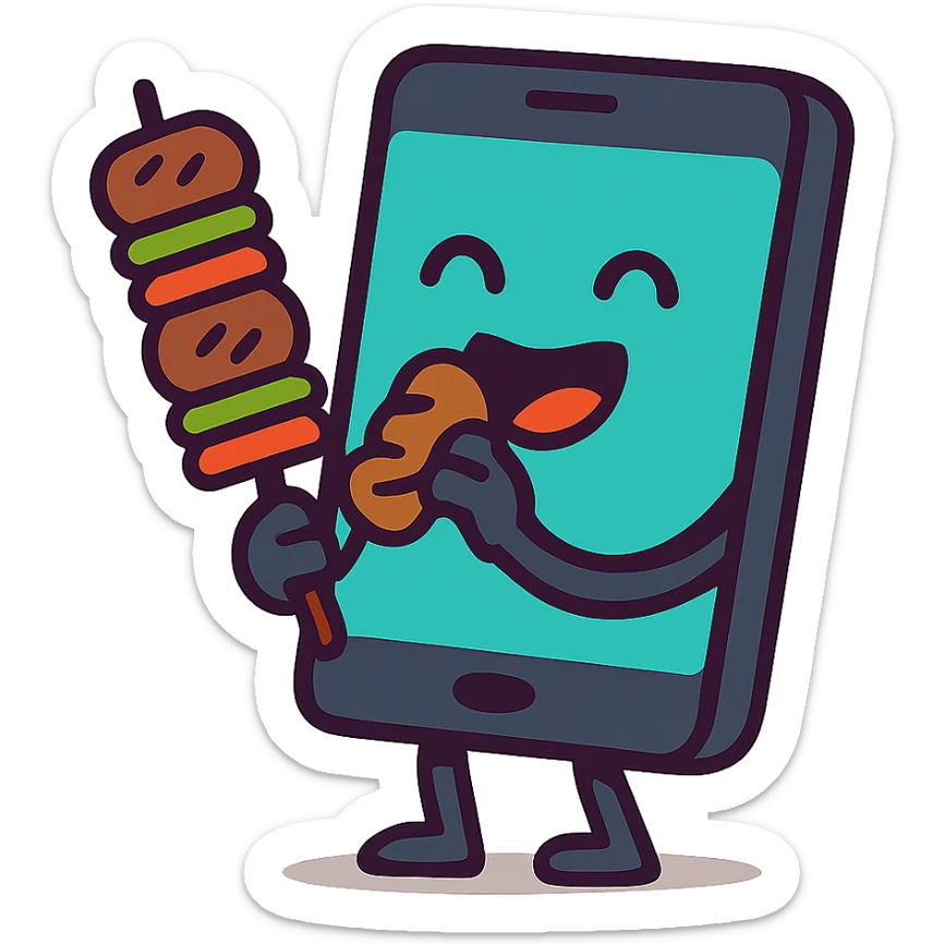 a humorous and fun modern cartoon style illustration of a phone eating kebab, detailed, no background sticker