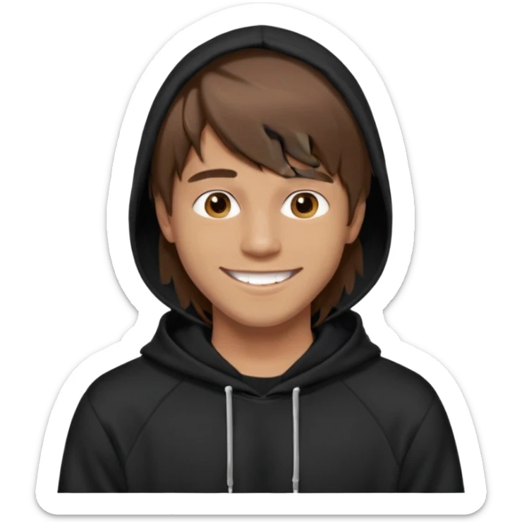 20 yr old man, brown hair, straight, big smile, white teeth, tanned skin, bangs, black hooded sweatshirt, long hair in back, middle parted bangs sticker