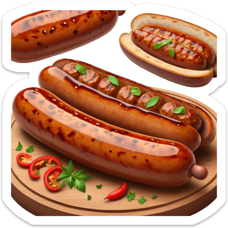 Cinematic spicy chipotle sausage, glistening with smoky, tangy sauce, charred and grilled to perfection, sliced open to reveal juicy filling, served with fresh herbs, rich and flavorful, detailed and appetizing. sticker