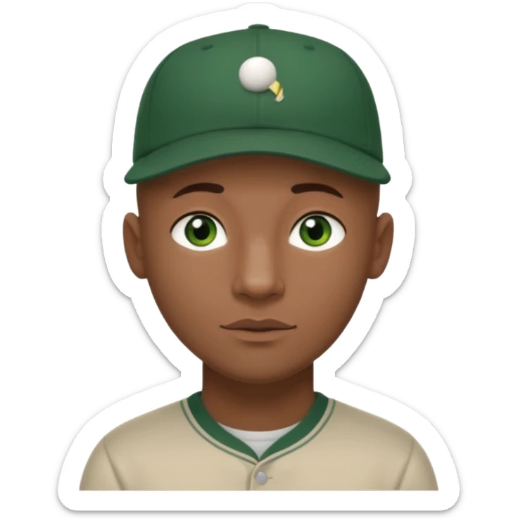 Black bald guy baseball cap only on the guy white girl brown hair green eyes sticker