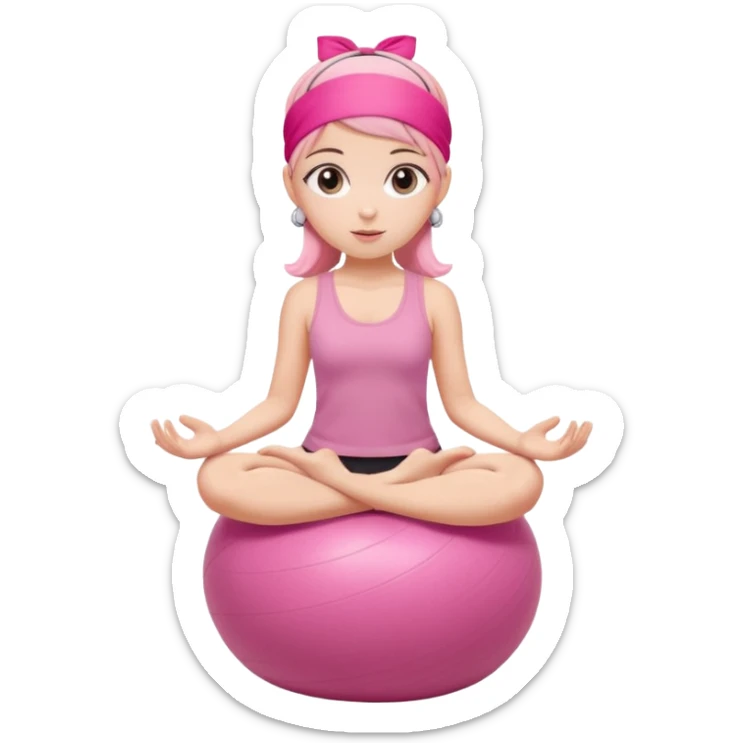 pink pilates girl, big eyes, pink headband, sitting on a pilates ball, round face sticker