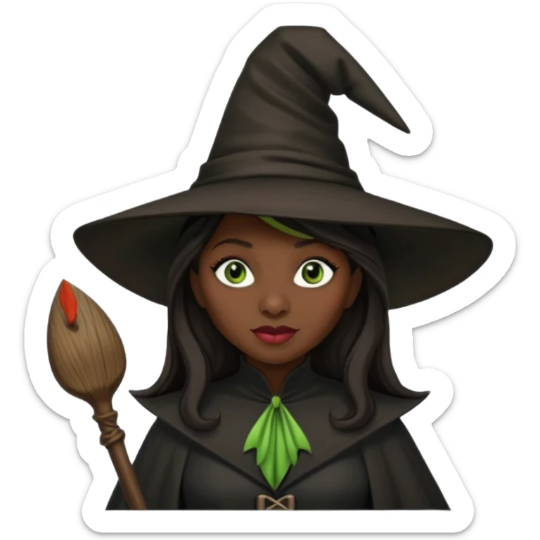 elphaba the wicked witch from wicked movie (cynthia erivo) dark long hair, thick lips, witch hat, broom sticker