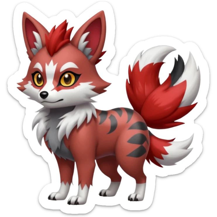 Cool handsome Red Lycanroc-Furret-Zorua-Poochyena-fusion, full body, with black and white edgy markings patterns sticker