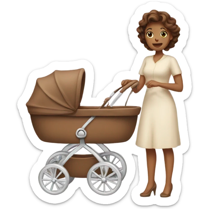 beautiful mother with brown hair. next to caramel baby carriage sticker
