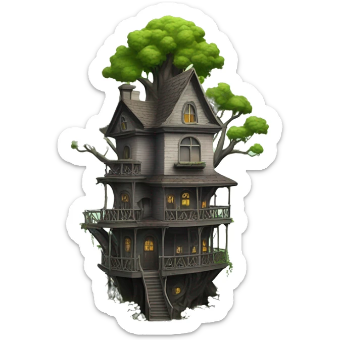 Miniature Fantasy haunted Addams tree house in an overgrown hotel on a hill  sticker