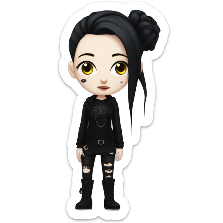 Goth girl, with very pale skin, dressed in black clothes, with body piercings and tattoos sticker