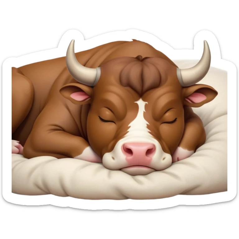 meme-worthy-cute-sleeping-domestic-bull-portrait-emoji,-head-resting-peacefully-with-a-contented-smile,-showcasing-a-robust,-muscular-build-and-a-luxuriously-soft-coat,-eyes-gently-closed-in-serene,-restful-slumber,-simplified,-solid-brown sticker