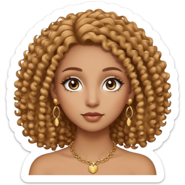 Une fille clean girl avec du maquillage clan et du mascara et des faux cils avec des boucles sur ces cheuveux marrons clair et des boucles d’oreilles doré rond et un collier doré  sticker