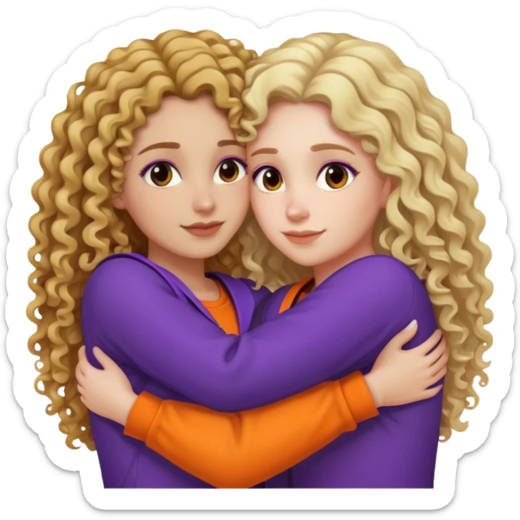 Black and blonde curly long hair ladys hugging each other with purple and orange sticker