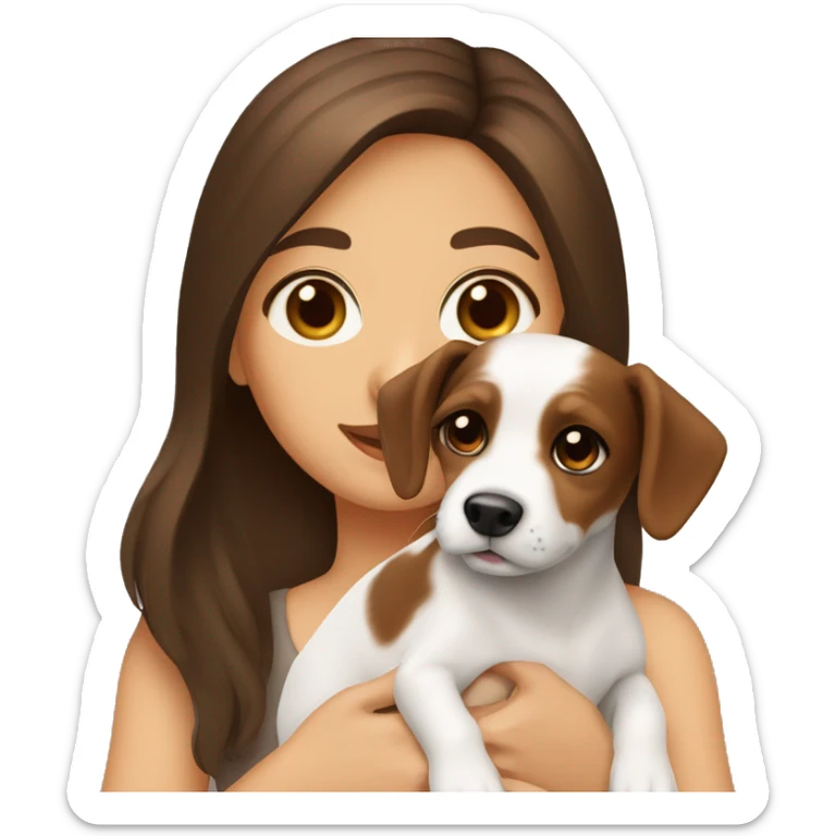 brunette girl with brown eyes and long hair holds a puppy Jack Russell dog with brown eyes sticker