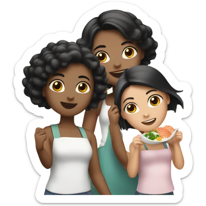 3 girls one with black hair and two with brown hair eating seafood sticker