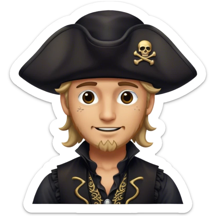A kindhearted pirate in a black ruffled shirt, black waistcoat, and an ornate black hat, his friendly gaze welcoming sticker