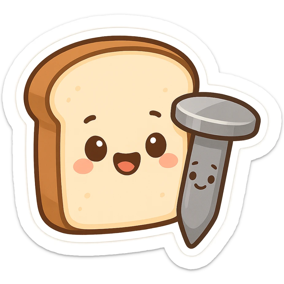 animated emoji of a bread and a nail together, cartoon style sticker