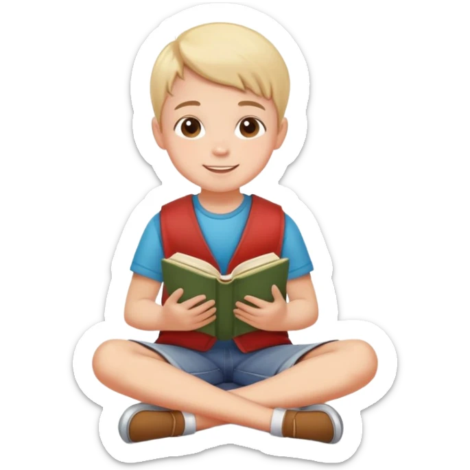 child sitting cross-legged on the floor, cheerful and calm, with a book in hand sticker