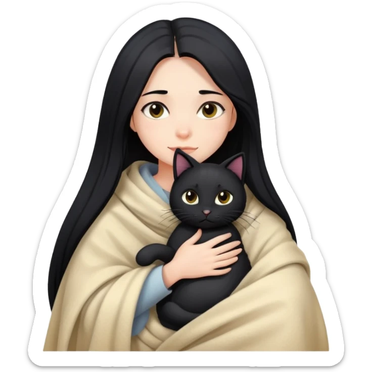 A girl with fair skin and long black hair wrapped in a blanket hugging a black cat sticker