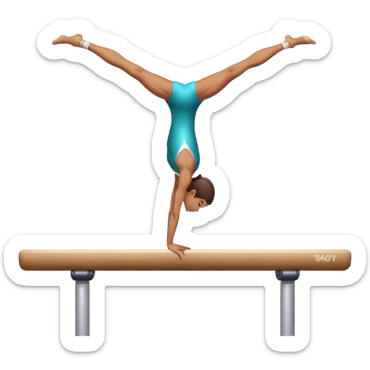 An artistic emoji of a professional sports acrobat performing a stunning balance pose on a narrow beam. The acrobat showcases perfect control, flexibility, and strength, executing an elegant handstand. The background features a bright gymnastics arena with spotlights. sticker