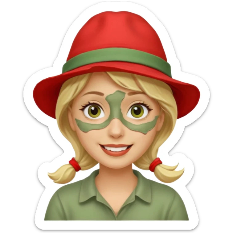 messy green clay mask and red tourist hat blond braided woman big eyes smiling and clay mask on face sticker