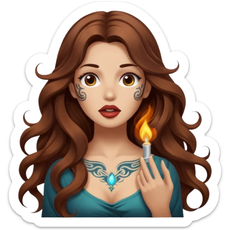 mystic woman long wavy brown hair tattoos warm breath glow from mouth sticker