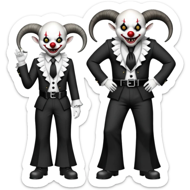 full-body demonic clown in black and white leisure suit with bellbottom pants, bald, black ram horns, flashy black and white belt, ruffled white shirt, no neck tie, large fangs sticker