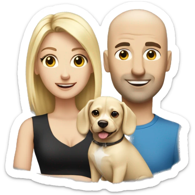 Bald Caucasian man and blonde woman with two small dogs, one white and one white and black sticker