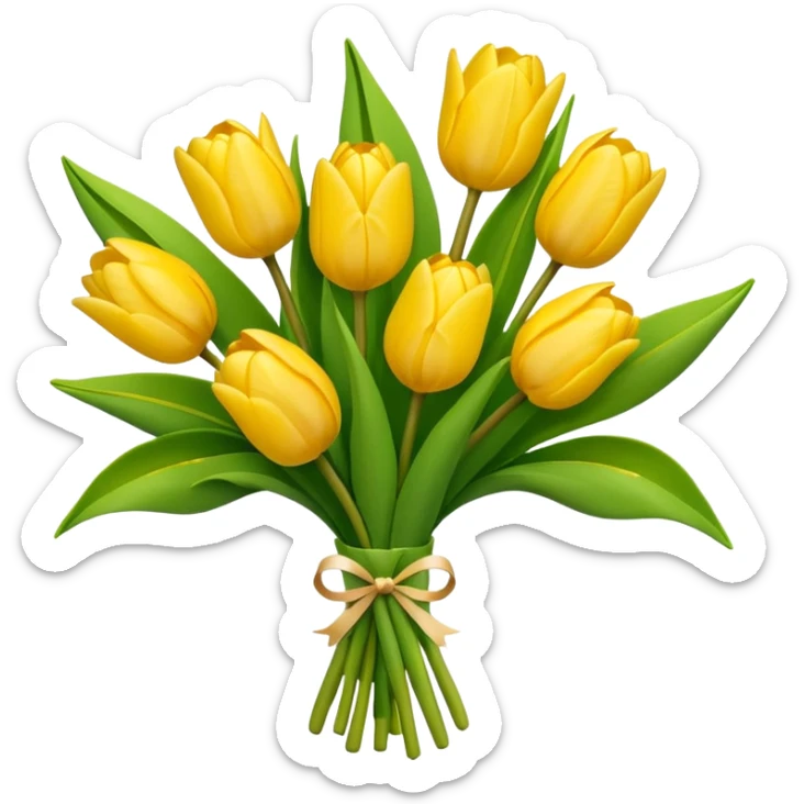 bouquet of yellow tulips with green leaves, bright and fresh, emoji style sticker