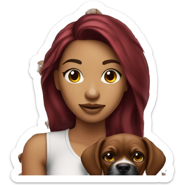 Beautiful tattooed  burgundy long haired woman holding a boxer puppy sticker