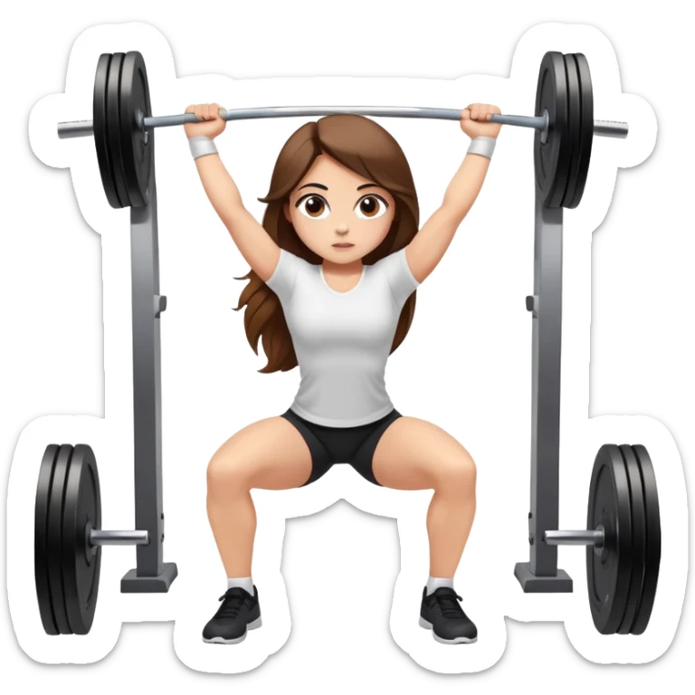 A girl with light skin, big eyes, long brown hair and wearing a white shirt is doing an overhead squat with a lot of weight on the barbell sticker