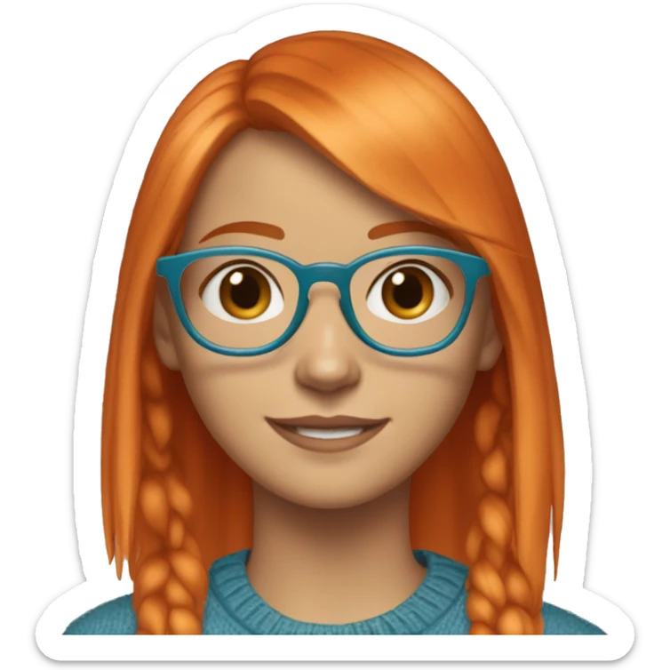 Girl Named Isabella Jones, 14 Year old, Wears turquoise Sweater and Blue Denim jeans and Red Sneakers, Glasses, Orange Hair, Fringe Bob Orange Hair. sticker