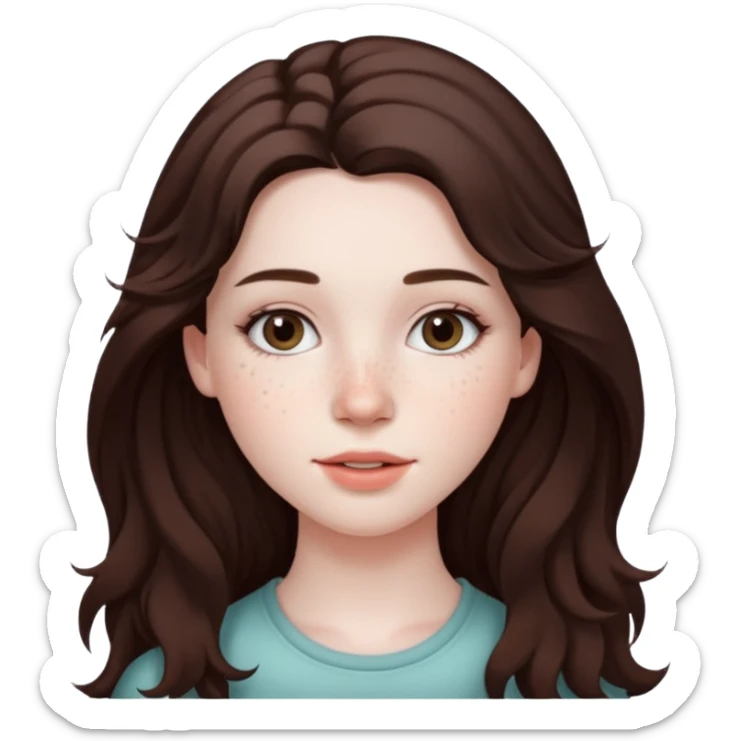 20 year old woman with pale skin, lots of dark freckles, rosy cheeks, and long straight/wavy brunnette hair. sticker