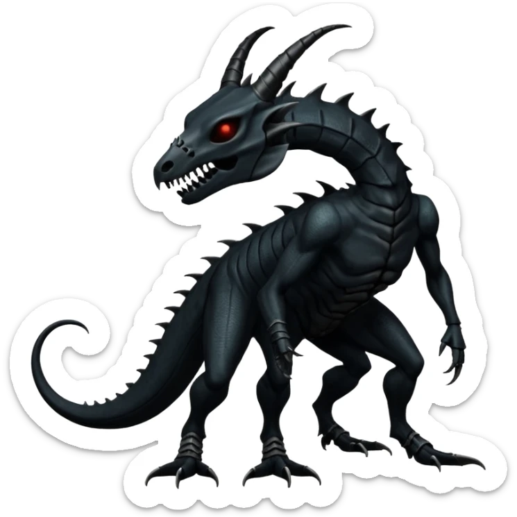 Shiny Dark Edgy  Salandit-Inteleon-Amaura-Fakémon-hybrid-creature (full body) with a horned animal-skull-mask sticker