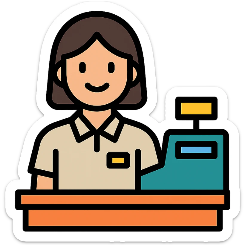 Gender-neutral cashier with shoulder-length hair, standing behind a cashier desk, smiling, wearing a neutral-colored uniform sticker