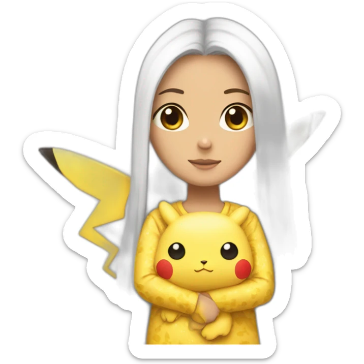 Brown straight long hair white woman wearing pikachu pyjama sticker