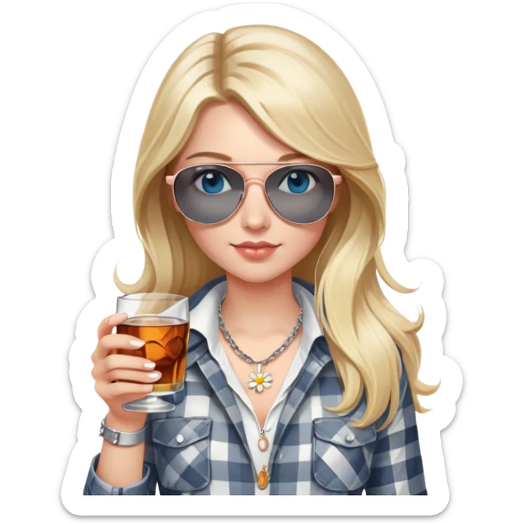 girl
blue eyes
long blond hair with daisy in it
wearing grey/white plaid shirt
wearing aviator sunglasses
wearing silver necklace around her neck
holding a glass of whiskey 
wearing rose gold apple watch  sticker