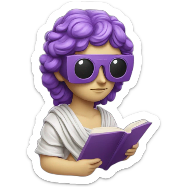 an EMOJI OF A ancient young greek statue reading a book, wearing VR glasses, purple colors, DIGITAL UNIVERSE sticker