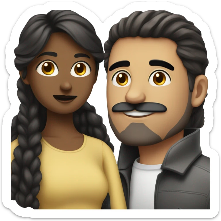 White Guy with black mustache and short straight black hair, kissing girl with long brown hair and brown eyes sticker