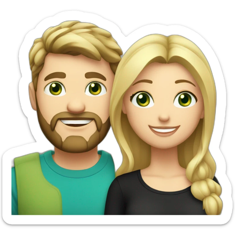 A happy couple, blond chubby girl with blue eyes and black haired and bearded man with green eyes. The man wears a black t-shirt sticker