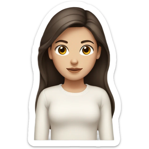 White girl with dark brown long hair, brown eyes and a white sweater sticker