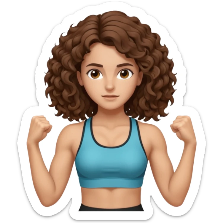 full body, very beautiful italian girl, looking like Emma Watson, with curly and big volume very bright brown hair, workout clothes, flexing muscles

 sticker
