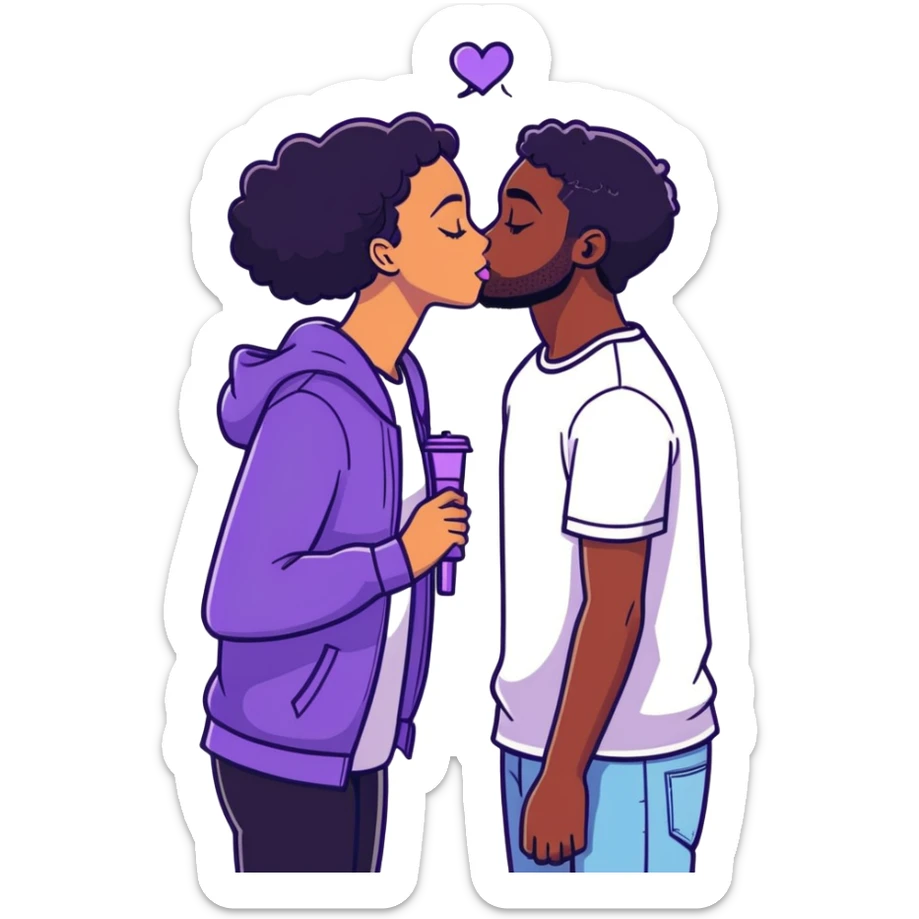 White guy with brown hair and light beard kissing black girl with black hair with purple streaks. Make them the same height sticker