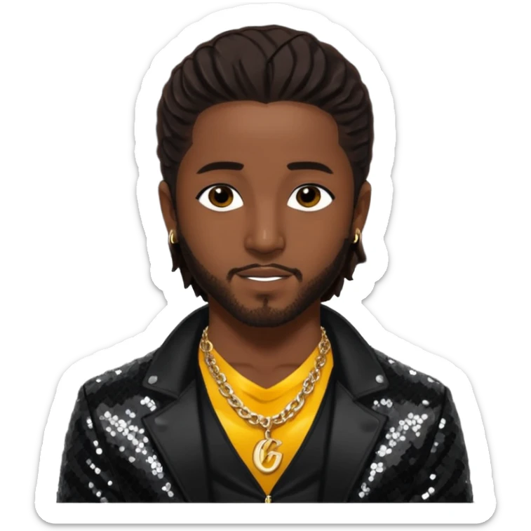 Omarion with long dark brown hair, black sequin jacket, shirtless with necklace sticker
