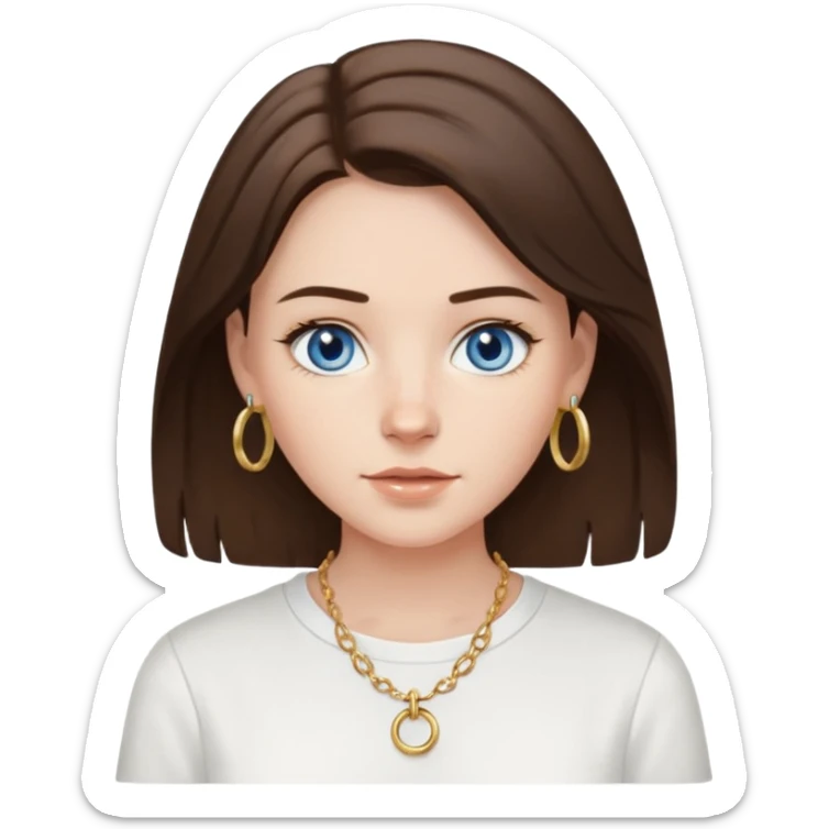 Create an emoji of a pretty white Girl with brunette hair blue eyes faint freckles and medium length hair wearing a white shirt with gold hoop earrings and a gold necklace  sticker