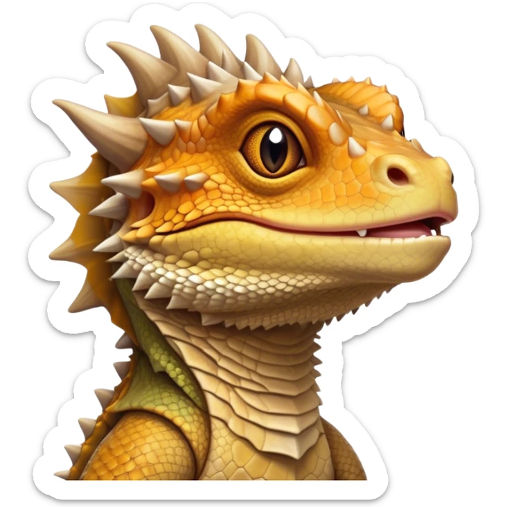 Cinematic Noble Bearded Dragon Portrait Emoji, Poised and regal, with a robust, angular build and a textured, scaled hide in earthy olive and sandy tones, a prominent spiky 'beard' beneath its chin and a keen, alert gaze, Simplified yet sharp and sophisticated features, highly detailed, glowing with a soft, dignified glow, high shine, intelligent and fierce, stylized with an air of desert majesty, focused and attentive, soft glowing outline, capturing the essence of a watchful and commanding reptile, so majestic it feels as though it could scuttle out of the screen with effortless authority! sticker
