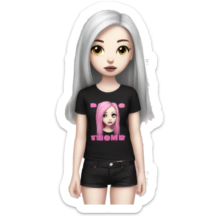 Hyperreal pale skin emo girl with long pink and black hair with black band tee with pink lettering on front sticker