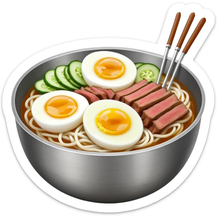 Korean cold noodles (naengmyeon) in a metal bowl, with thin noodles, cold broth, sliced beef, cucumber, and a half boiled egg on top, iPhone emoji style sticker