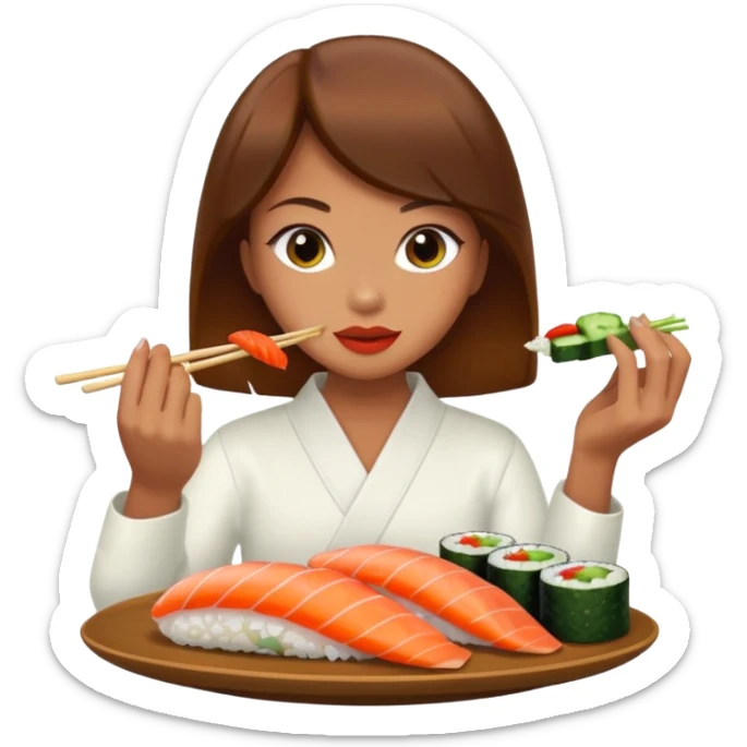 A girl with brown hair satin sushi made with cucu bed and peppers and rice sticker