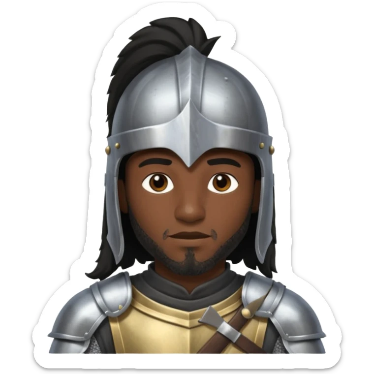 A black male with long black rough hair wearing a knight helmet sticker
